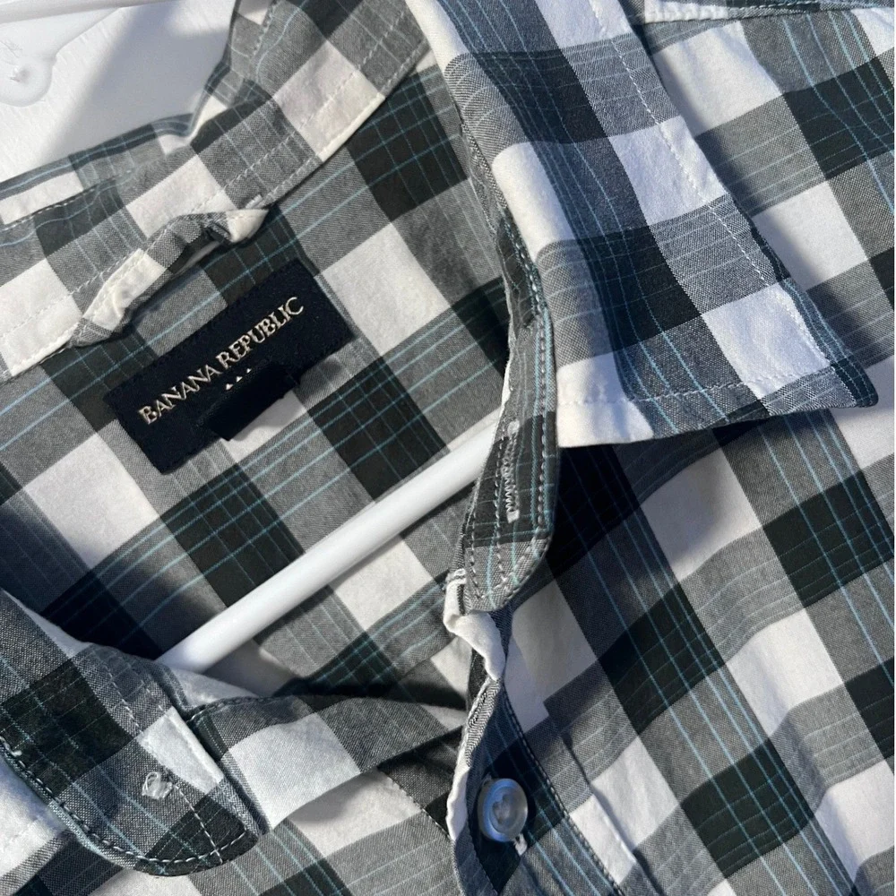 Banana Republic Mens Large Black White Plaid Short Sleeve